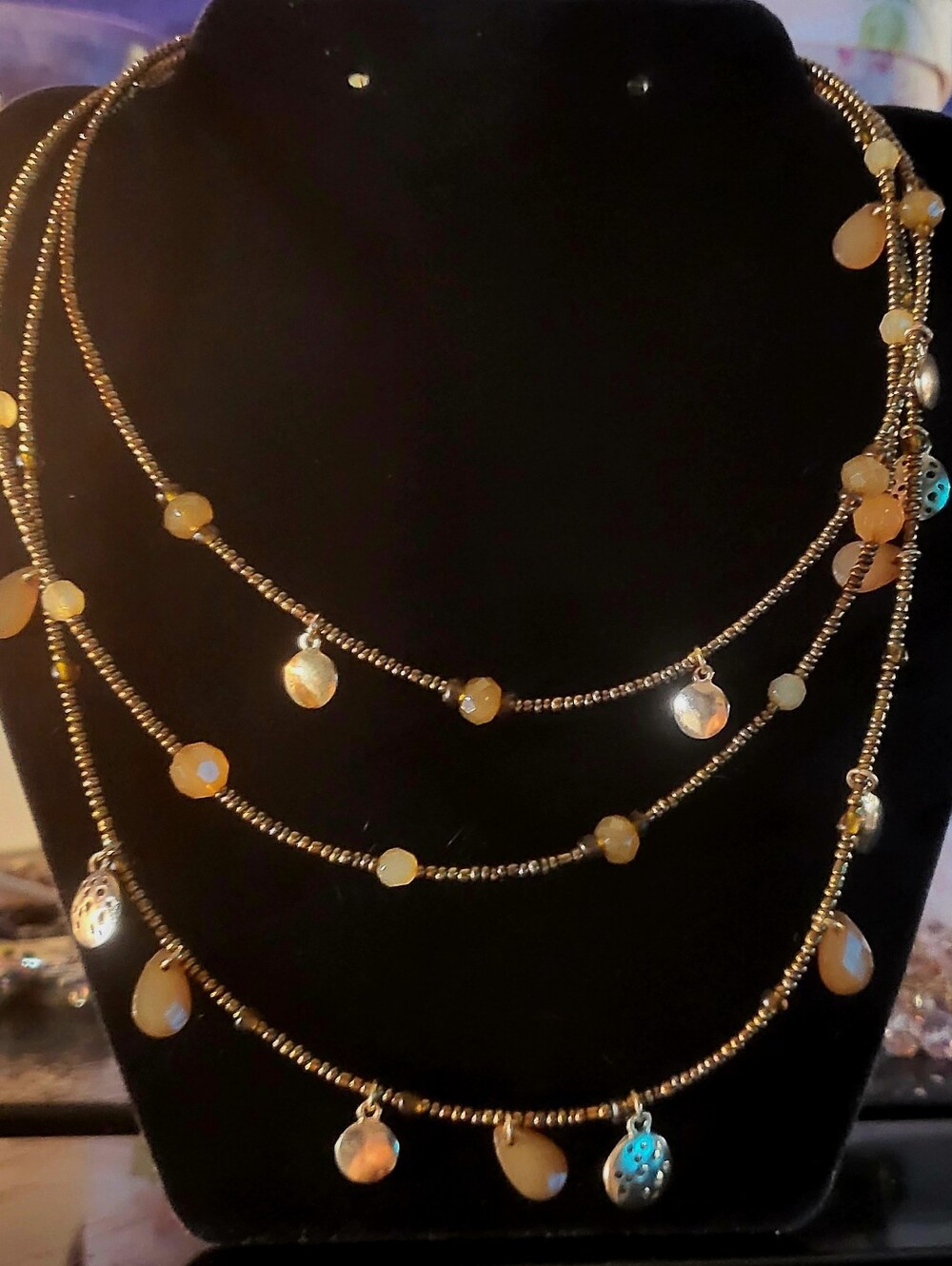 Lovely 22" Multi-Strand Gold/Brown Bead and Charm Necklace